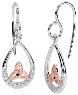 Diamond Rose Gold Silver Celtic Trinity Knot Dangle Earrings