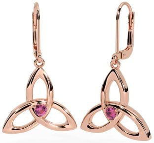 Pink Tourmaline Rose Gold Silver Celtic Trinity Knot Dangle Earrings