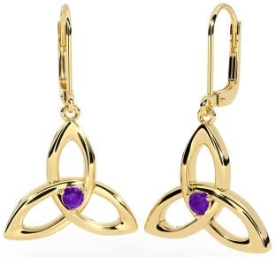Amethyst Gold Silver Celtic Trinity Knot Dangle Earrings