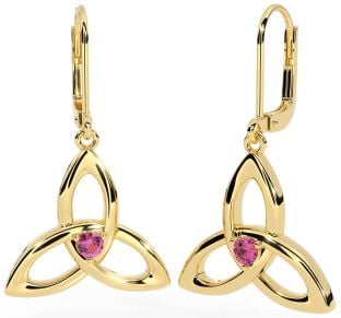Pink Tourmaline Gold Silver Celtic Trinity Knot Dangle Earrings