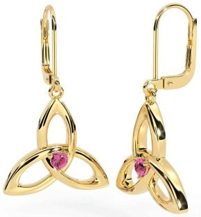 Pink Tourmaline Gold Silver Celtic Trinity Knot Dangle Earrings