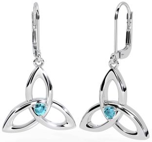 Aquamarine White Gold Celtic Trinity Knot Dangle Earrings