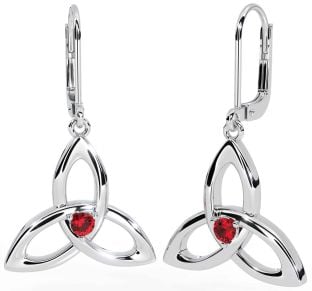 Ruby White Gold Celtic Trinity Knot Dangle Earrings