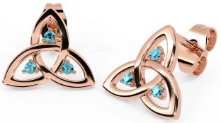 Aquamarine Rose Gold Silver Celtic Trinity Knot Stud Earrings