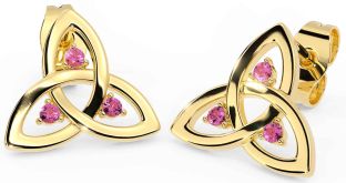 Pink Tourmaline Gold Silver Celtic Trinity Knot Stud Earrings