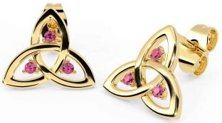 Pink Tourmaline Gold Silver Celtic Trinity Knot Stud Earrings