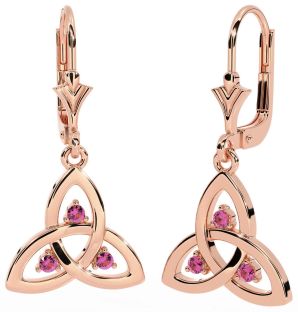 Pink Tourmaline Rose Gold Silver Celtic Trinity Knot Dangle Earrings