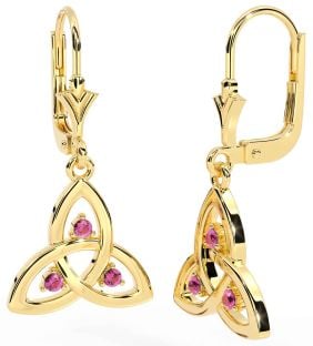 Pink Tourmaline Gold Silver Celtic Trinity Knot Dangle Earrings