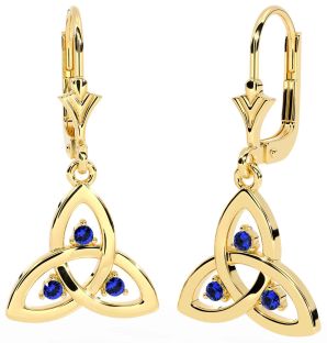 Sapphire Gold Silver Celtic Trinity Knot Dangle Earrings