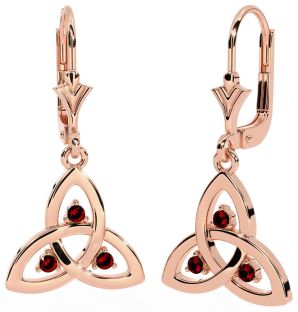 Garnet Rose Gold Celtic Trinity Knot Dangle Earrings
