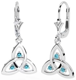 Aquamarine White Gold Celtic Trinity Knot Dangle Earrings