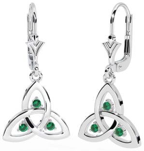 Emerald White Gold Celtic Trinity Knot Dangle Earrings