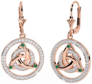 Diamond Emerald Rose Gold Silver Celtic Trinity Knot Dangle Earrings