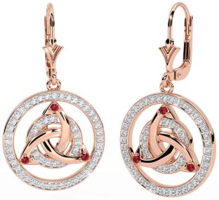 Diamond Ruby Rose Gold Silver Celtic Trinity Knot Dangle Earrings