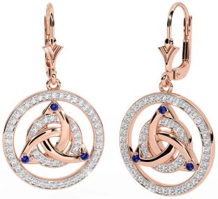 Diamond Sapphire Rose Gold Silver Celtic Trinity Knot Dangle Earrings