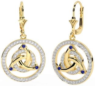 Diamond Sapphire Gold Silver Celtic Trinity Knot Dangle Earrings