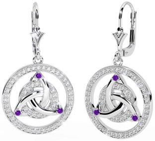 Diamond Amethyst Silver Celtic Trinity Knot Dangle Earrings