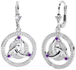 Diamond Amethyst White Gold Celtic Trinity Knot Dangle Earrings