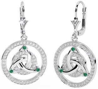 Diamond Emerald White Gold Celtic Trinity Knot Dangle Earrings