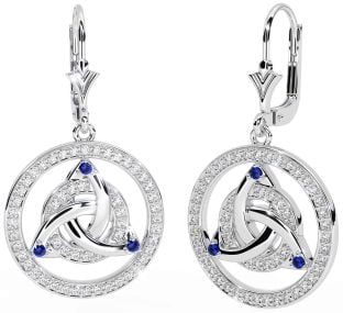 Diamond Sapphire White Gold Celtic Trinity Knot Dangle Earrings