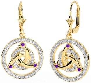 Diamond Amethyst Gold Celtic Trinity Knot Dangle Earrings