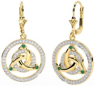 Diamond Emerald Gold Celtic Trinity Knot Dangle Earrings