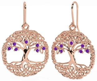 Amethyst Rose Gold Silver Celtic Tree of Life Dangle Earrings