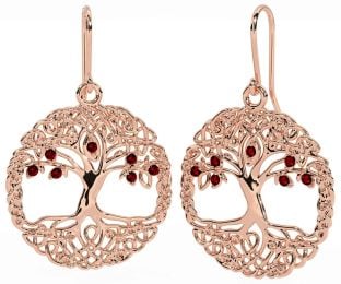 Garnet Rose Gold Silver Celtic Tree of Life Dangle Earrings