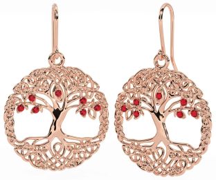 Ruby Rose Gold Silver Celtic Tree of Life Dangle Earrings