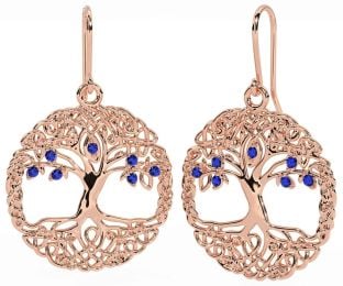 Sapphire Rose Gold Silver Celtic Tree of Life Dangle Earrings