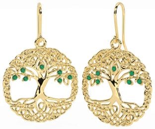 Emerald Gold Silver Celtic Tree of Life Dangle Earrings