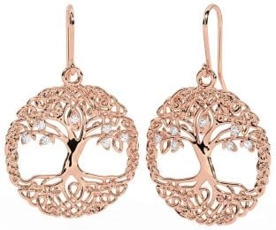 Diamond Rose Gold Celtic Tree of Life Dangle Earrings