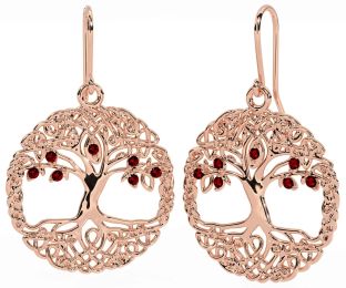 Garnet Rose Gold Celtic Tree of Life Dangle Earrings