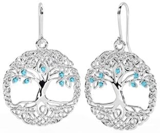 Aquamarine Silver Celtic Tree of Life Dangle Earrings