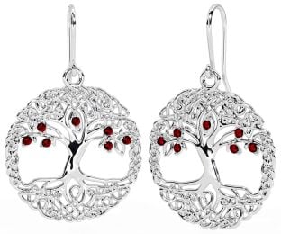 Garnet Silver Celtic Tree of Life Dangle Earrings