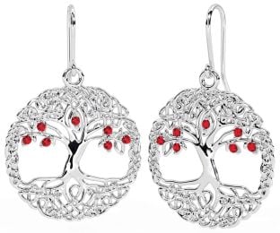 Ruby Silver Celtic Tree of Life Dangle Earrings