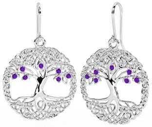 Amethyst White Gold Celtic Tree of Life Dangle Earrings