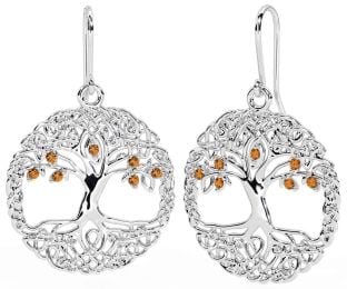 Citrine White Gold Celtic Tree of Life Dangle Earrings