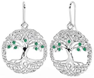 Emerald White Gold Celtic Tree of Life Dangle Earrings