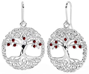 Garnet White Gold Celtic Tree of Life Dangle Earrings