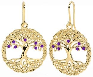 Amethyst Gold Celtic Tree of Life Dangle Earrings