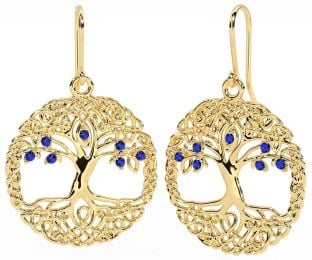 Sapphire Gold Celtic Tree of Life Dangle Earrings