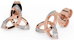 Diamond Rose Gold Silver Celtic Trinity Knot Stud Earrings