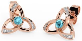 Diamond Aquamarine Rose Gold Silver Celtic Trinity Knot Stud Earrings