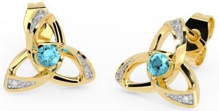 Diamond Aquamarine Gold Silver Celtic Trinity Knot Stud Earrings