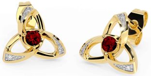 Diamond Garnet Gold Silver Celtic Trinity Knot Stud Earrings