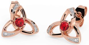 Diamond Ruby Rose Gold Celtic Trinity Knot Stud Earrings