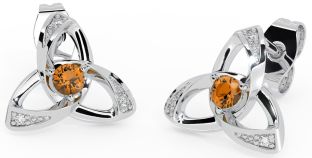 Diamond Citrine White Gold Celtic Trinity Knot Stud Earrings