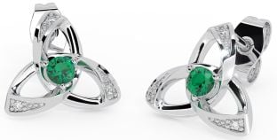 Diamond Emerald White Gold Celtic Trinity Knot Stud Earrings