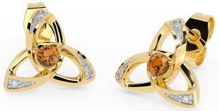 Diamond Citrine Gold Celtic Trinity Knot Stud Earrings